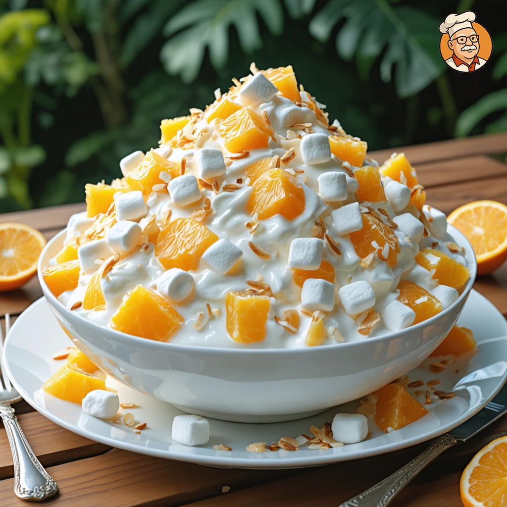 An image of Ambrosia, captured from the side about 6 feet away, showing the full plate and table. A heaping portion of the salad is displayed in a white porcelain bowl, featuring visible chunks of pineapple and mandarin oranges, interspersed with marshmallows and sprinkled with coconut flakes. All ingredients are covered in a smooth silky white fluff, which predominates the dis. It's served with plastic silverware on a wooden picnic table, set against a backdrop of green grass and a clear blue sky.