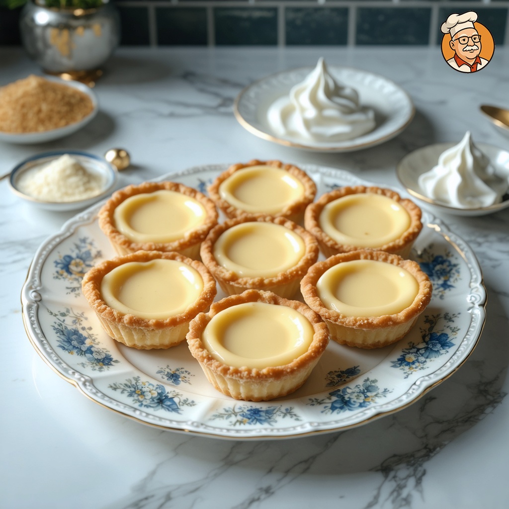 An image of miniature Cheesecake Tassies Cookies, a miniature cheesecake tart-cookie, captured from a three-quarter angle, slightly above the dish, nicely arranged for a family setting on a decorative fine china plate. The plate is placed on a kitchen counter, surrounded by fresh ingredients like cream cheese and granulated sugar. The setting highlights the simplicity and elegance of the dessert, emphasizing its creamy texture and golden-brown crust, all under natural kitchen lighting. These are small cookies, not the size of a plate