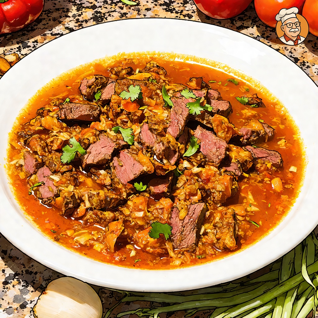 An image of Chef Mikey's Fajita Marinade Recipe, captured from a three-quarter angle several feet back, showing the full plate and table, for a casual meal setting on a kitchen counter. The marinade is presented in a simple white porcelain bowl within which it is marinating strips of steak. Surrounding the bowl are scattered fresh ingredients such as garlic cloves, red pepper flakes, and a hint of cayenne pepper, subtly enhancing the visual appeal of the casual culinary setup.