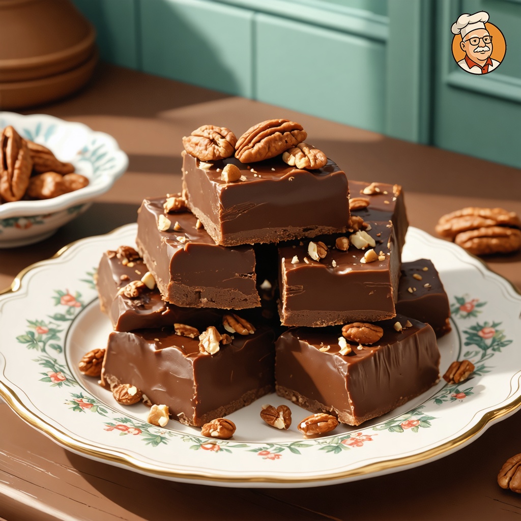 An image of pieces of Grandma's Chocolate Fudge, captured from a three-quarter angle 10 feet away, including the dish and environmental elements, served in a rustic setting on a decorative fine china plate. The entire fudge is visible, showcasing its smooth, glossy texture sprinkled with chopped pecans. The setting features a 1950's era diner counter, complete with period-specific condiment dispensers, subtly enhancing the nostalgic feel of the scene.