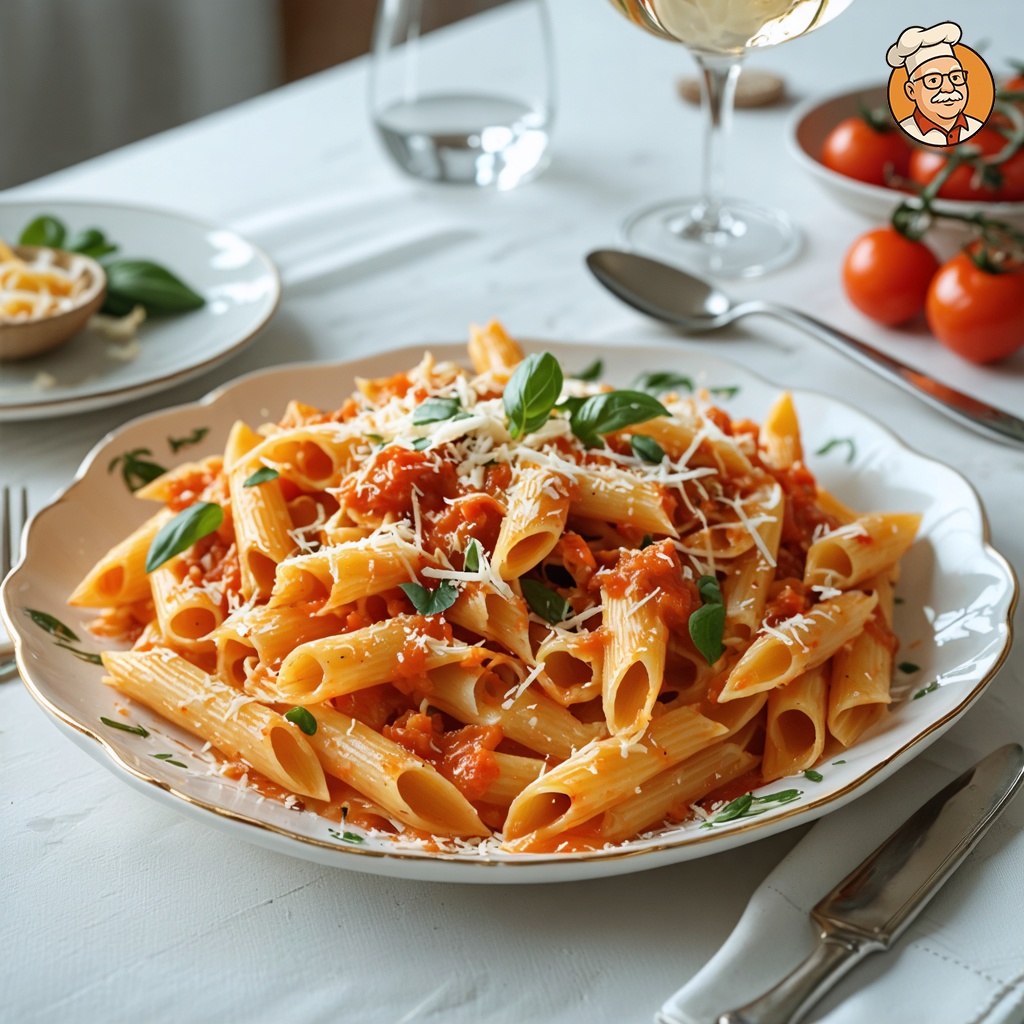 An image of Vodka Pasta Sauce over penne pasta, wide environmental view with the dish visible in the scene context, nicely arranged for a family setting on a platter. The entire contents of the creamy light orange sauce, featuring a creamy texture with visible specks of Parmesan cheese, are displayed. This platter is set on a family dining table surrounded by soft lighting in a cozy room, enhancing the homely feel of the meal. The setting includes simple dinnerware and cutlery, emphasizing a casual family dinner atmosphere.