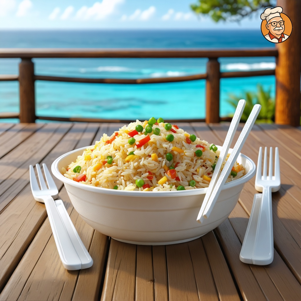 An image of Authentic Vegetarian Egg Fried Rice, captured from a distance of at least 10 feet, showing the scene with the dish as focal point. A heaping portion served with plastic silverware on a Chinese take-out food container, placed centrally on a wooden deck. In the background, the ocean can be seen in the distance, enhancing the outdoor setting. The entire contents of the dish are visible, emphasizing its simplicity and appeal as a comfort food. Include chopsticks, but no forks, spoons or knives. Visible ingredients should be only rice, bits of scrambled egg and chopped scallions.