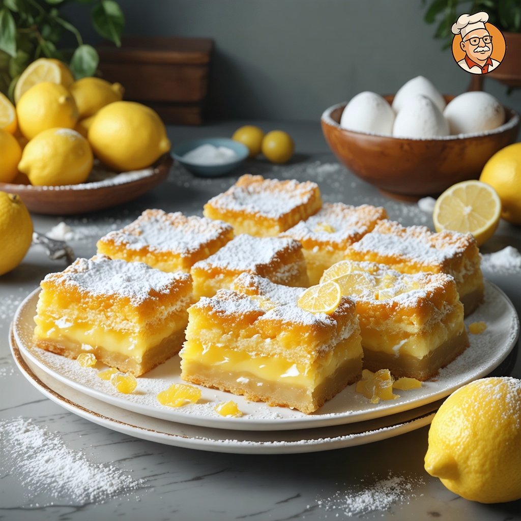 An image of Lemon Bars, captured from a three-quarter angle several feet back, showing the full plate and table, served in a rustic setting on a large plate. The bars are neatly arranged and dusted with powdered sugar. The setting is a kitchen counter, surrounded by fresh lemons and a bowl of eggs, enhancing the visual appeal of the scene. The rustic ambiance is emphasized by a wooden counter and simple ceramic dishes.