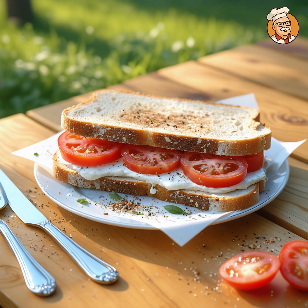 An image of a Fresh Homegrown Tomato Sandwich served open-faced, captured from a three-quarter angle several feet back, showing the full plate and table. The sandwich, featuring thick slices of tomato and a generous spread of mayonnaise between white bread, is seasoned with table salt and black pepper. It's presented on a paper plate with plastic silverware beside it. This scene is set outdoors on a wooden picnic table, with green grass and a clear blue sky in the background.