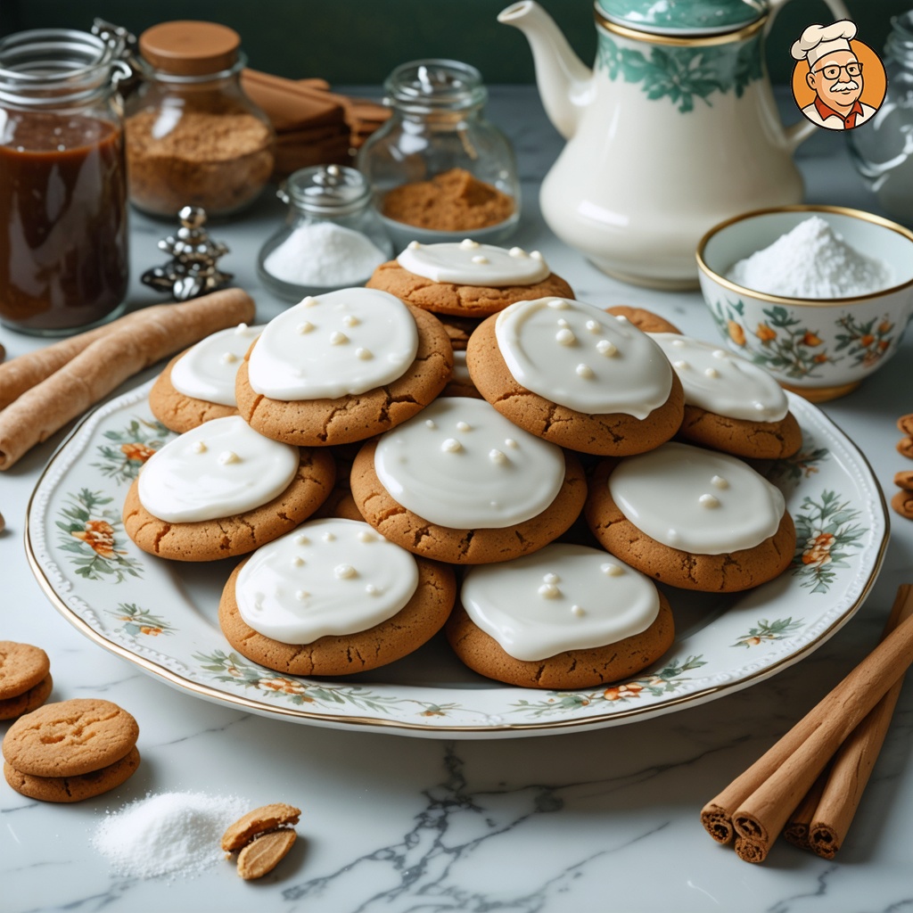 An image of Molasses Cookies covered generously with white frosting, captured from a three-quarter angle 10 feet away, including the dish and environmental elements, served in a rustic setting on a decorative fine china plate. The cookies are arranged on a kitchen counter, surrounded by visible fresh ingredients such as granulated sugar, molasses, and ginger. The setting emphasizes a homey, rustic kitchen atmosphere with a focus on the plated cookies and the ingredients involved in their creation.