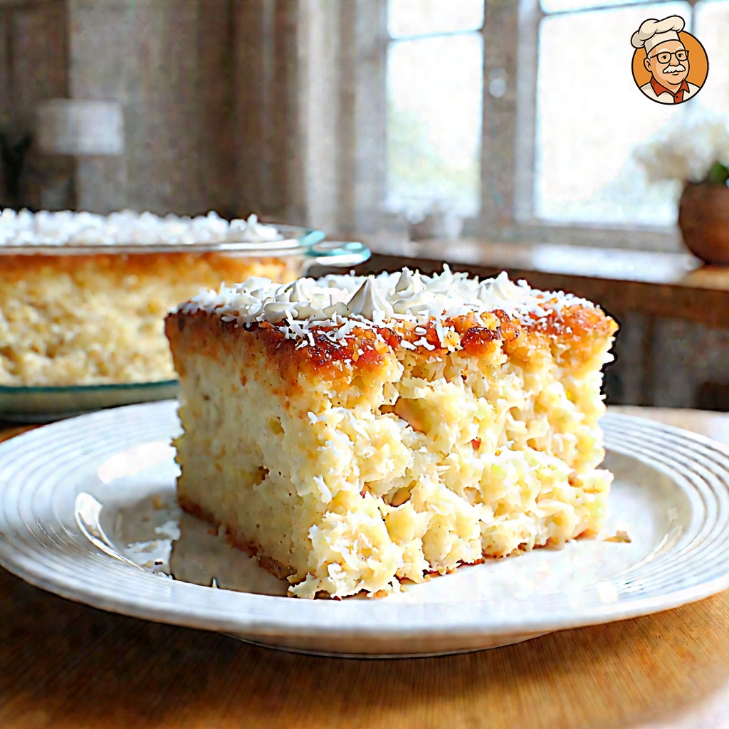 An image of Coconut Cream Poke Cake, captured from a three-quarter angle several feet back, showing the full plate and table, elegantly plated for fine dining on a family dining table in a cozy room with soft lighting. The cake, resting in a casserole dish, is topped with a fluffy layer of whipped topping and sprinkled with raw coconut flakes. The setting features soft, ambient light enhancing the creamy texture and inviting appearance of the cake.