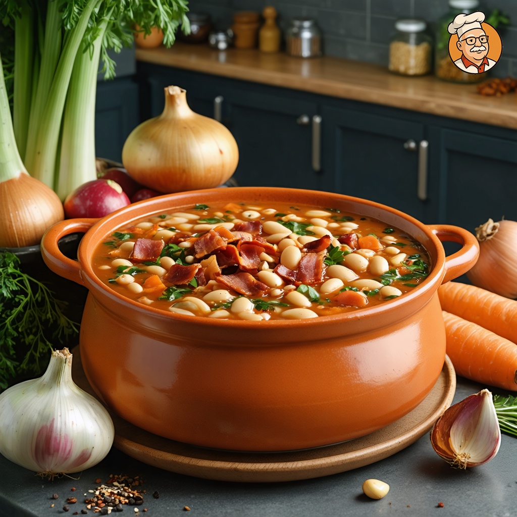 An image of Bean and Bacon Soup, captured from the side 10 feet away with a wide-angle lens, including background elements, served in a rustic setting on a kitchen counter. The soup is presented in a clay crock, showing its entire contents. Surrounding the crock are fresh ingredients like yellow onions, carrots, and celery, enhancing the visual appeal of the setting. The scene captures the homely essence of a well-used kitchen environment.