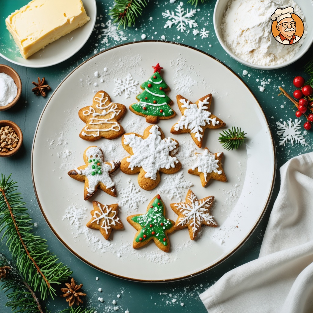 An image of Christmas Cookie Recipe, wide environmental view with the dish visible in the scene context, served with colorful garnish and decorative napkin on a large plate. The plate is set on a kitchen counter, surrounded by fresh ingredients like unsalted butter, all-purpose flour, and powdered sugar. The cookies are shaped and frosted into traditional Christmas shapes, designs, and colors, and are presented in a visually appealing manner.