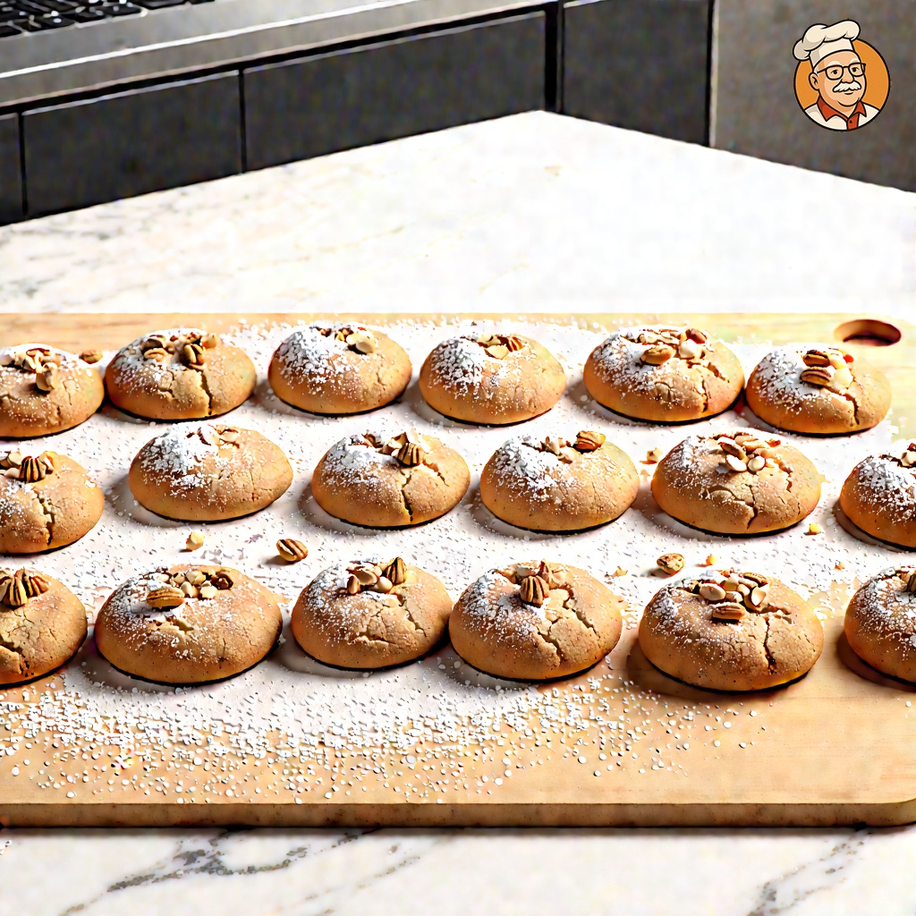 An image of Rigamoralis, captured from a three-quarter angle several feet back, showing the full plate and table, for a casual meal setting on a cutting board. The cookies are sprinkled with powdered sugar and dotted with nuts, arranged casually yet attractively. This scene is set on a marble counter in a sleek modern kitchen, emphasizing the simplicity and homemade appeal of the cookies in a contemporary setting. The entire contents of the dish are visible, showcasing the casual presentation.