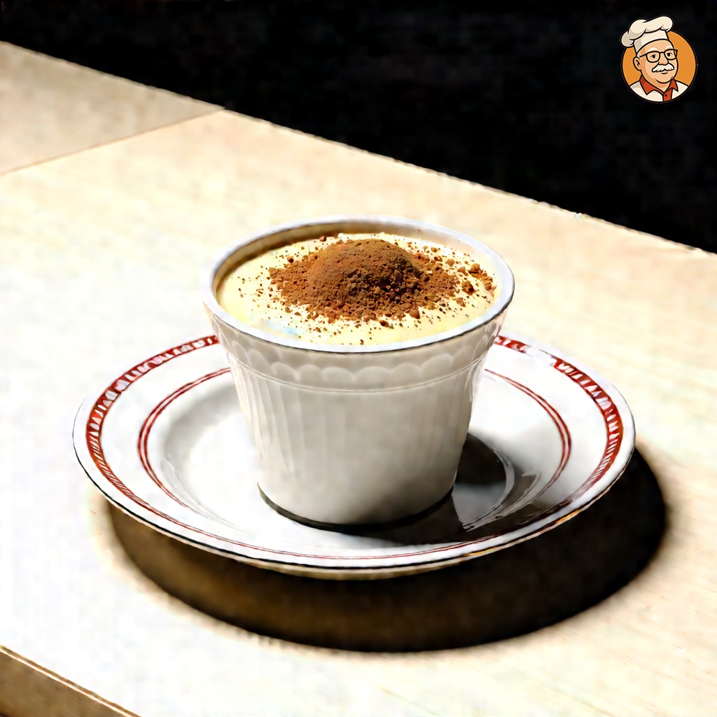 An image of Cup Custard, captured from a three-quarter angle 10 feet away, including the dish and environmental elements, elegantly plated for fine dining on a decorative fine china plate. The single portion of custard in its ceramic ramekin is dusted lightly with ground cinnamon, adding a subtle texture contrast. This scene is set on the counter of a 1950's era diner, featuring period-appropriate condiment dispensers in the background, enhancing the vintage ambiance of the setting.