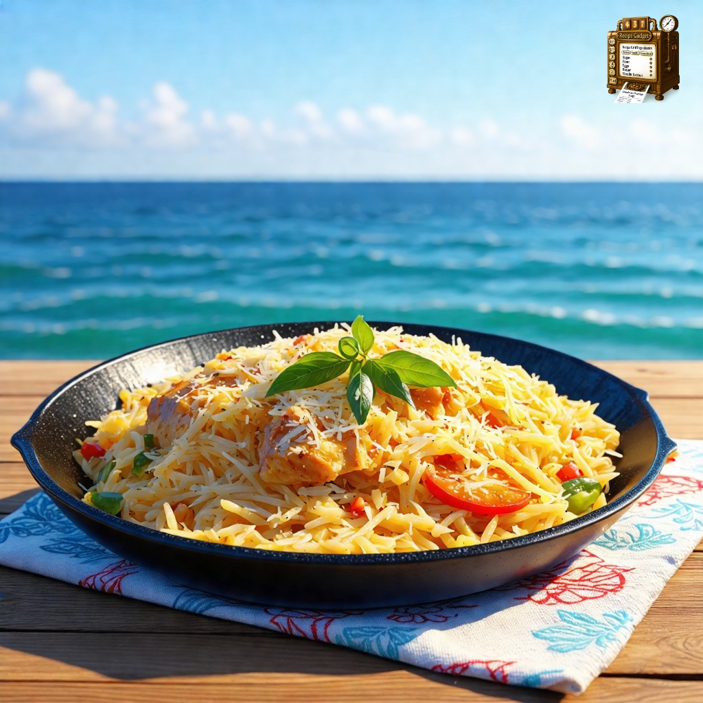 An image of Chicken Orzo skillet dish, wide environmental view with the dish visible in the scene context, served with colorful garnish and decorative napkin on a plastic plate. The plate is placed on a wooden deck, featuring a backdrop of the ocean in the distance. The orzo is topped with grated Parmesan cheese, adding visual appeal to the creamy, chunky texture mixed with chicken and vegetables. The setting is natural, emphasizing the casual outdoor dining experience.
