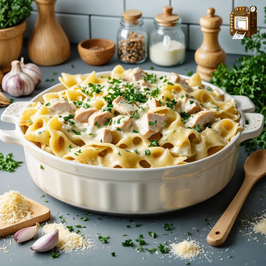 An image of Creamy Chicken Bowtie Pasta, wide environmental view with the dish visible in the scene context, served in a rustic setting on a kitchen counter. The entire contents are displayed in a casserole dish, showcasing tender chicken and farfalle pasta enveloped in a creamy cheese sauce, sprinkled with parsley. Surrounding the dish are fresh ingredients like garlic powder, parmesan cheese, and black pepper, enhancing the rustic and homey feel of the preparation area.