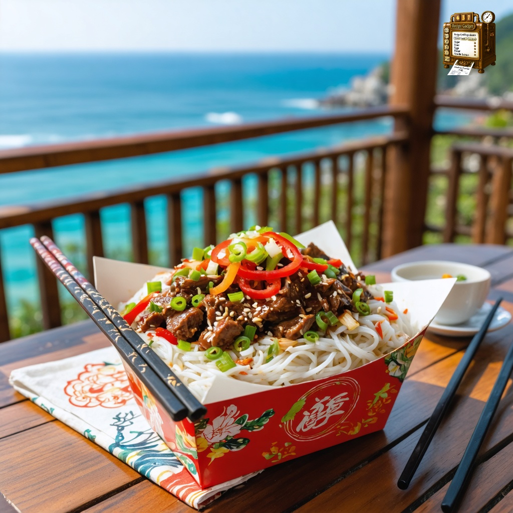 An image of Slow Cooker Beef Raman, captured from a three-quarter angle 10 feet away, including the dish and environmental elements, nicely arranged for a family setting on a picnic table outdoors. The entire contents of the dish are visible in a Chinese take-out food container, showcasing raman noodles topped with ground beef, carrots, and red bell peppers, sprinkled with sesame seeds and sliced scallions. The setting includes green grass and a clear blue sky in the background.