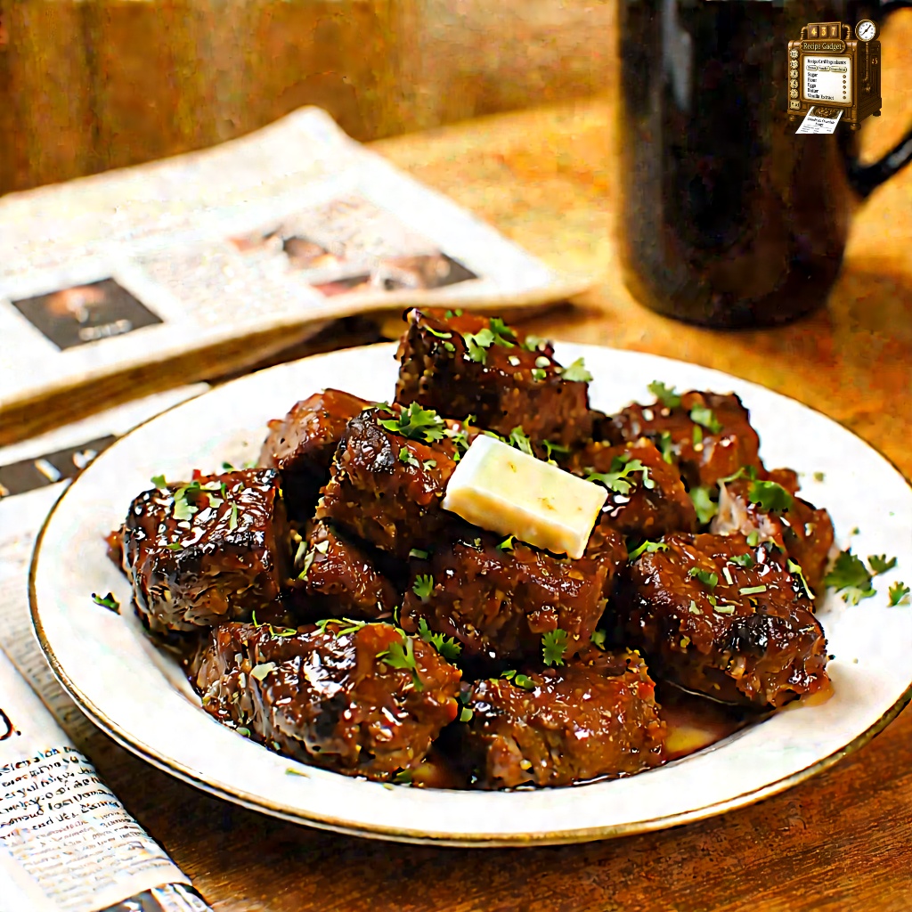 An image of Slow Cooker Steak Bites, close-up of the dish, tightly cropped to show detail, elegantly plated for fine dining on a small salad plate. The steak bites are garnished with finely chopped parsley, resting in a pool of rich gravy, accompanied by slices of caramelized sweet onion. The plate is set on a white table in a bright modern bistro, emphasizing the contrast between the dark, savory steak and the pristine setting.