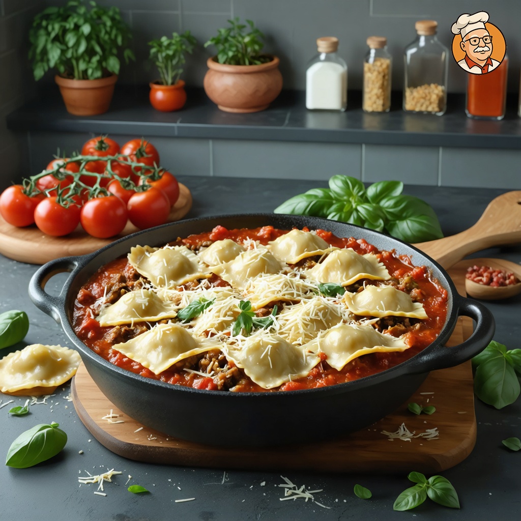 An image of Slow Cooker Ravioli, captured from a three-quarter angle 10 feet away, including the dish and environmental elements, nicely arranged for a family setting on a kitchen counter. The entire contents of the lasagna are visible in a rustic bowl, featuring layers of ravioli, marinara sauce, mozzarella cheese, and ground beef. The setting includes fresh ingredients like tomatoes and basil scattered around the bowl, enhancing the homely, Italian cooking atmosphere.