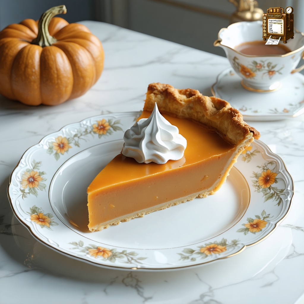 An image of Pumpkin Pie, wide environmental view with the dish visible in the scene context, elegantly plated for fine dining on a decorative fine china plate. The pie slice, with a golden crust and smooth, richly colored filling, is centered on the plate. This setup is on a white table within a bright modern bistro, showcasing a clean, minimalist background that highlights the vibrant orange hue of the pumpkin pie.